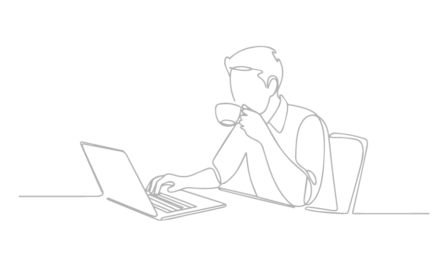 Line drawing of a man at a laptop holding a coffee cup